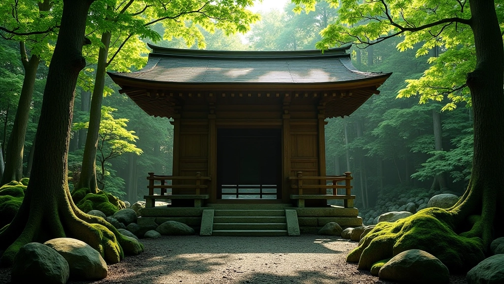 Starý dřevěný chrám obklopený zelením lesního prostředí s osvětlením zářícím skrze stromy