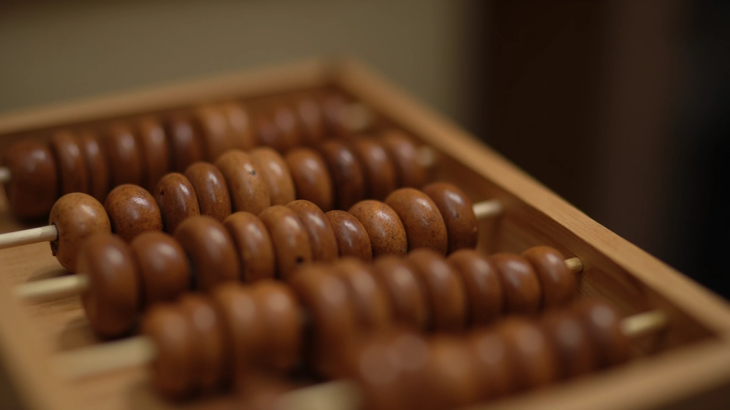 Přední strana starověké japonské počitadlo s hnědým dřevem a provázky, detailní záběr