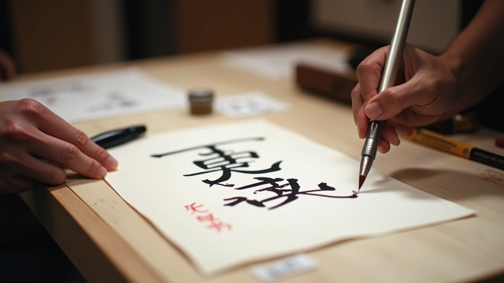 Japonská kaligrafie s štětcem a inkoustem v uměleckém studiu