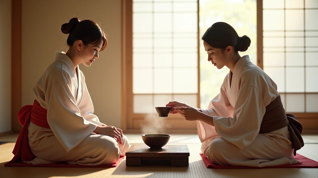 Japonská rodina v tradičním oděvu durante ceremonii čajového obřadu v klidném prostředí