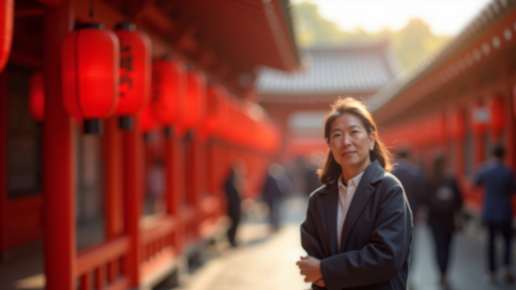 Japonský chrám s tradičními lampiony a věřícími v pozadí