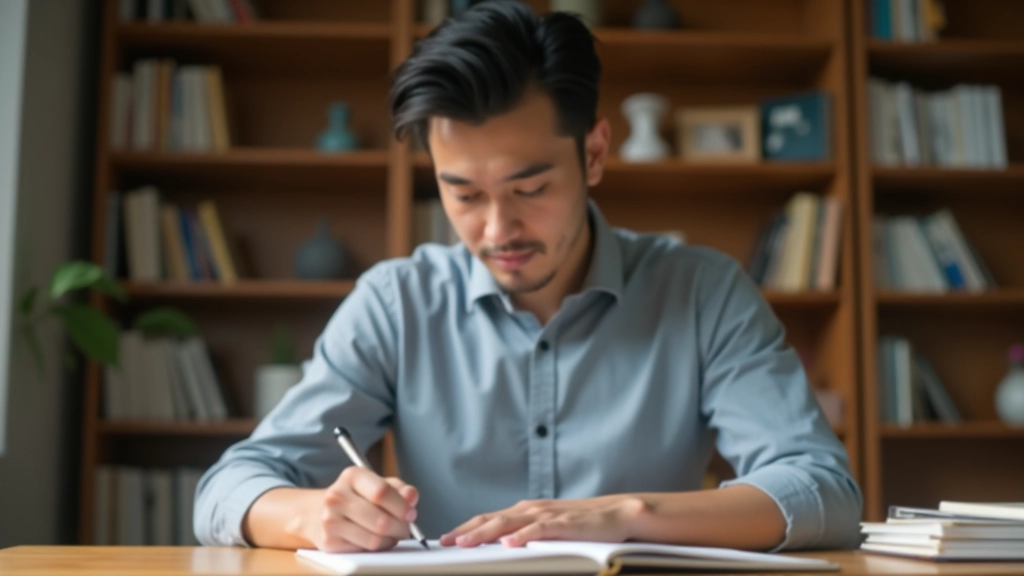 Muž drží si v ruce japonský přepisovací sešit a studuje s koncentrovaným výrazem