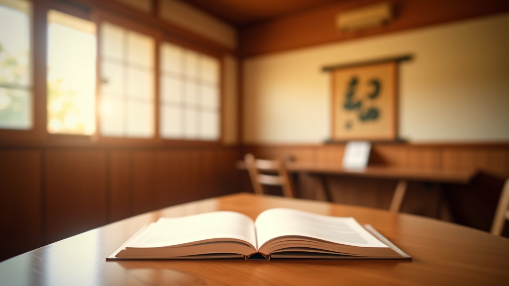 Japonská knihovna s tradičními texty a moderním studijním prostorem