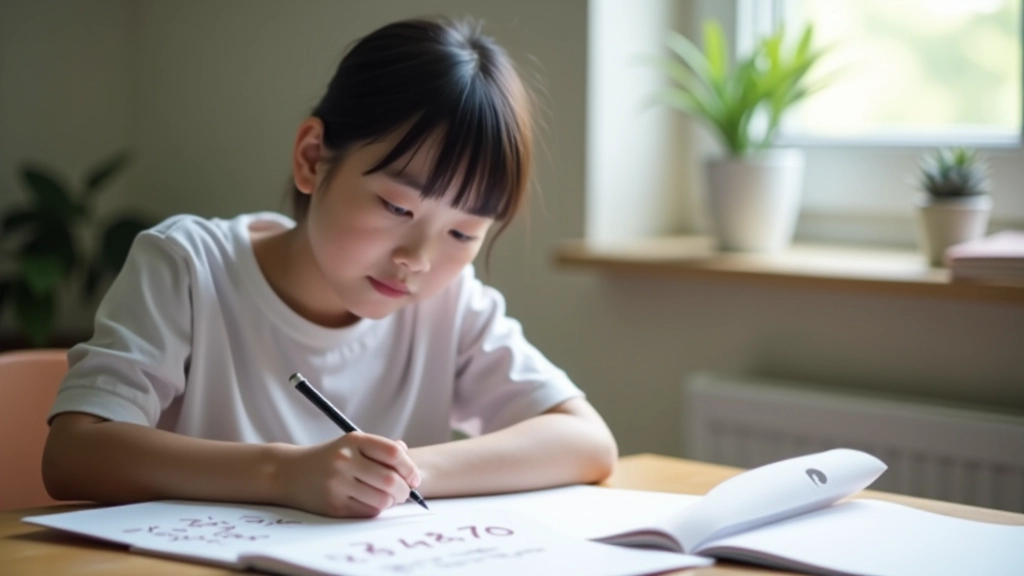 Dívka učící se pomocí napsaných karet s japonskými znaky číslic, sedící u stolu