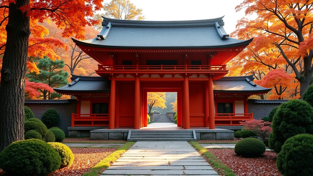 Tradičný japonský chrám s červenou bránou torii