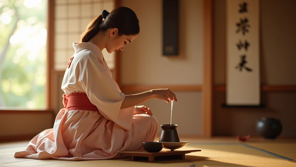 Žena v elegantním kimonu během obřadu čajového chodu v tradičně zařízené místnosti