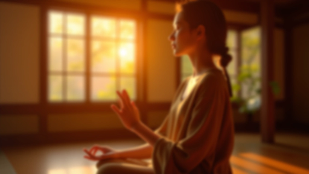 Mladá žena v klidné modlitbě v buddhistickém chrámu s klidným osvětlením a meditativní atmosférou